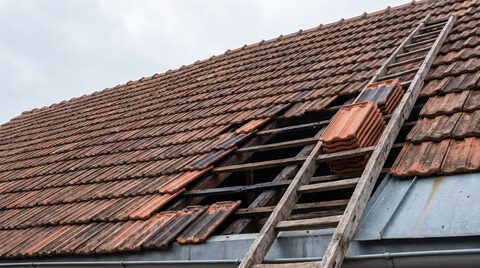 Ilustrační foto: posunuté a prasklé tašky na starší střeše, vedle nich připravená náhradní krytina